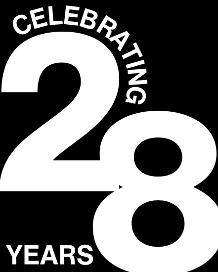 Celebrating 28 Years logo with white text on a black background
